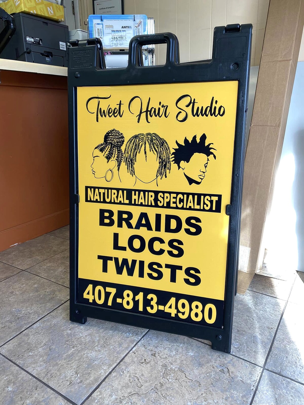 Tweet Hair Studio A-frame sign