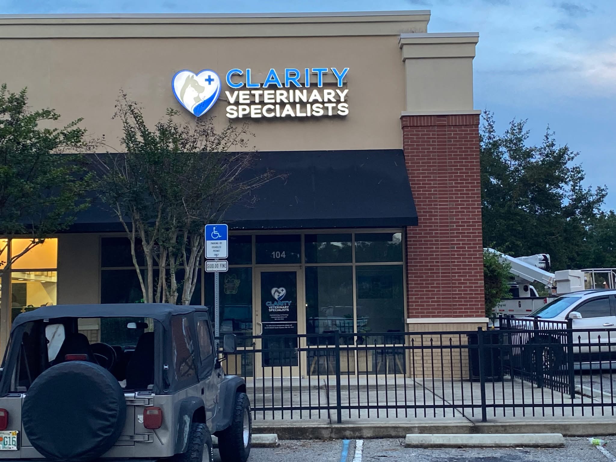 Clarity Veterinary Specialists illuminated channel letters
