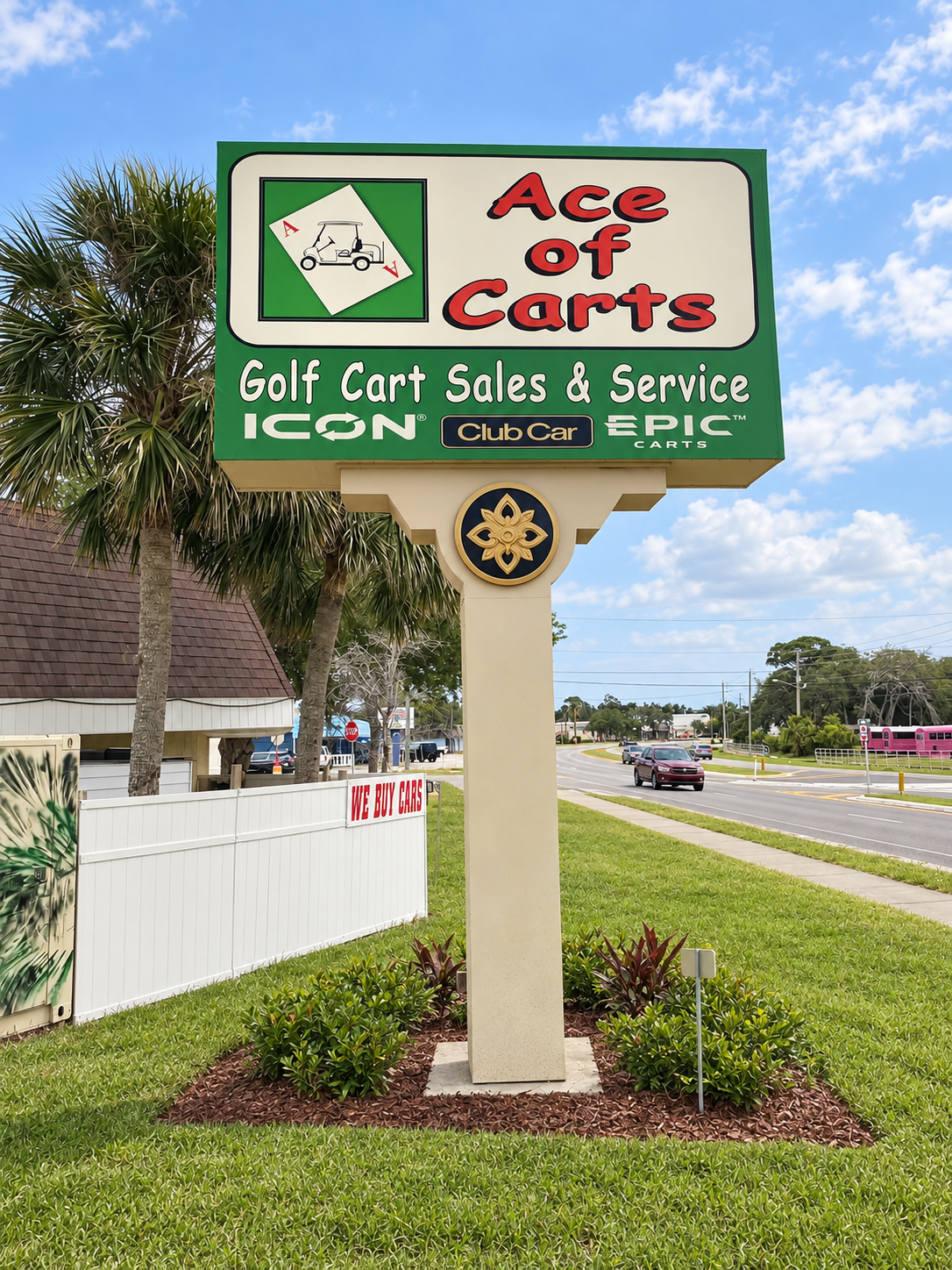Complete Ace of Carts flex-face roadside sign with clean landscaping